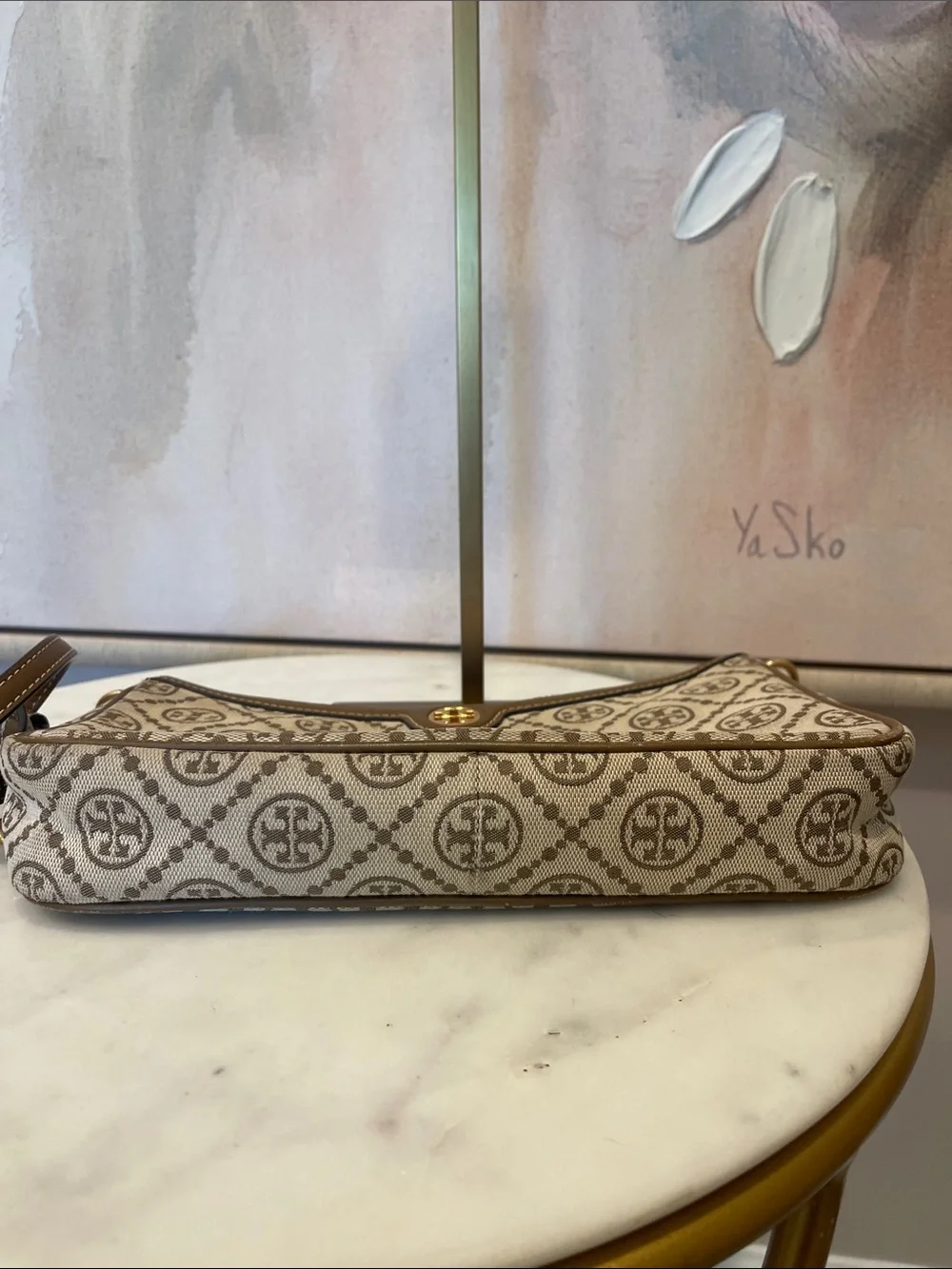 Tory Burch Beige Logo Jacquard Shoulder Bag with Gold Hardware Accent